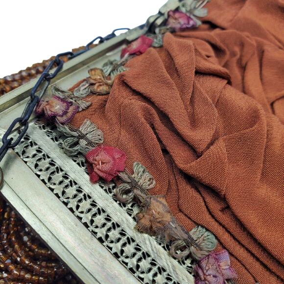 Art Deco Beaded Handbag 1920s Flapper Purse Vintage Bronze Chain Copper Fringe - Picture 9 of 10